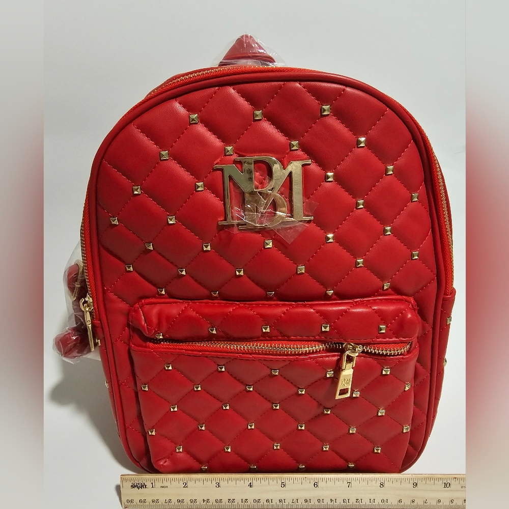 BNWT Badgley Mischka Red Quilted Studded Mini Backpack Vegan Leather!